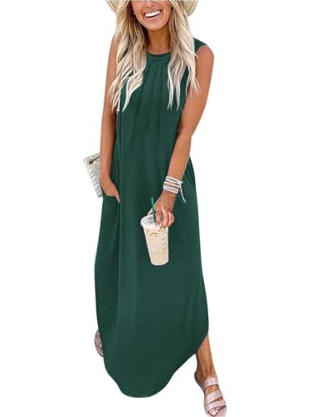 Women's Sleeveless Split Maxi Dress, Pleated Curve Hem, Floral Boho Summer